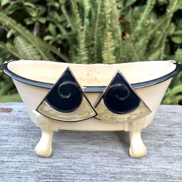 Vintage Monet Blue, Silver and Cream Enamel Triangle Swirl Post Earrings. EUC! - Picture 2 of 5